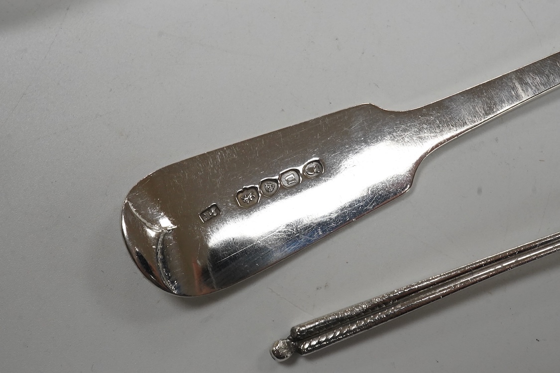 A matched set of three 19th century silver fiddle pattern tablespoons, Josiah Piercy I, London, 1828(2) and The Lias Brothers, London 1831, together with a George III silver Old English pattern sauce ladle Peter & Willia